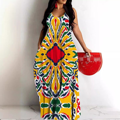 Women’s Maxi Dress – Flowy Fit – Deep V Neck – Spaghetti Straps – Abstract Print