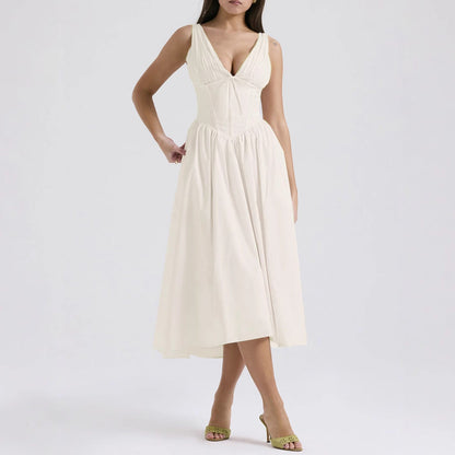 Women’s Midi Dress – Sleeveless V-Neck – A-Line Fit – Floral Print – Lightweight Fabric