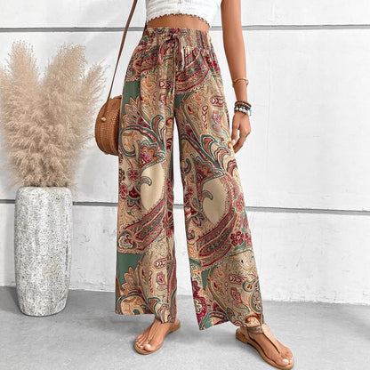 Women’s Wide-Leg Trousers – Bohemian Print – High Waist Tie Belt – Flowy Fit
