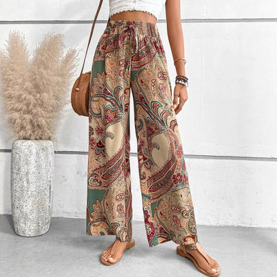 Women’s Wide-Leg Trousers – Bohemian Print – High Waist Tie Belt – Flowy Fit