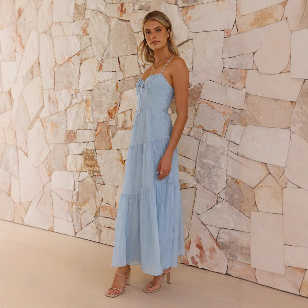 Women’s Long Dress – A-Line Fit – Spaghetti Straps – Tiered Skirt – Open Back Flowy Fabric