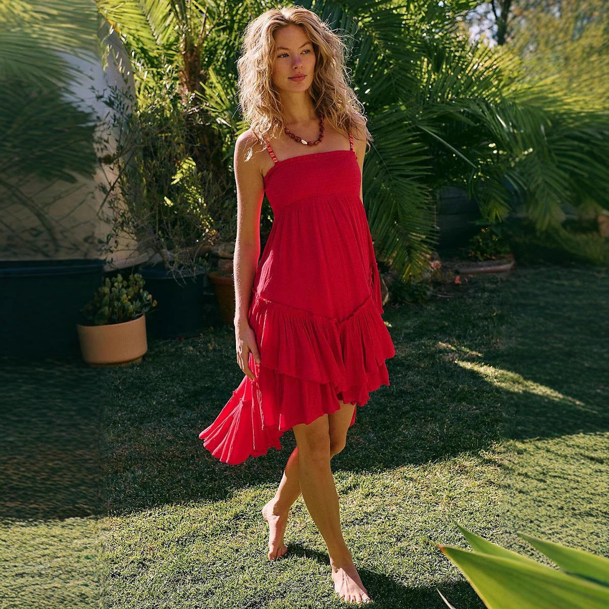 Women’s Strapless Midi Dress – Flowy Fit – Tiered Ruffle Skirt – Lightweight Cotton