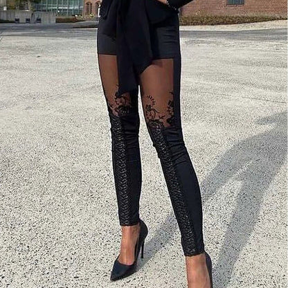 Women’s Slim Trousers – Stretch Fit – Lace Side Panels – Full Length Evening Wear