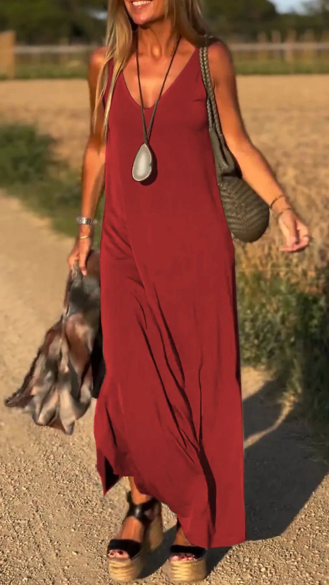 Women’s Maxi Dress – V-Neck – Relaxed Fit – Cotton Blend – Strappy Sleeveless Design
