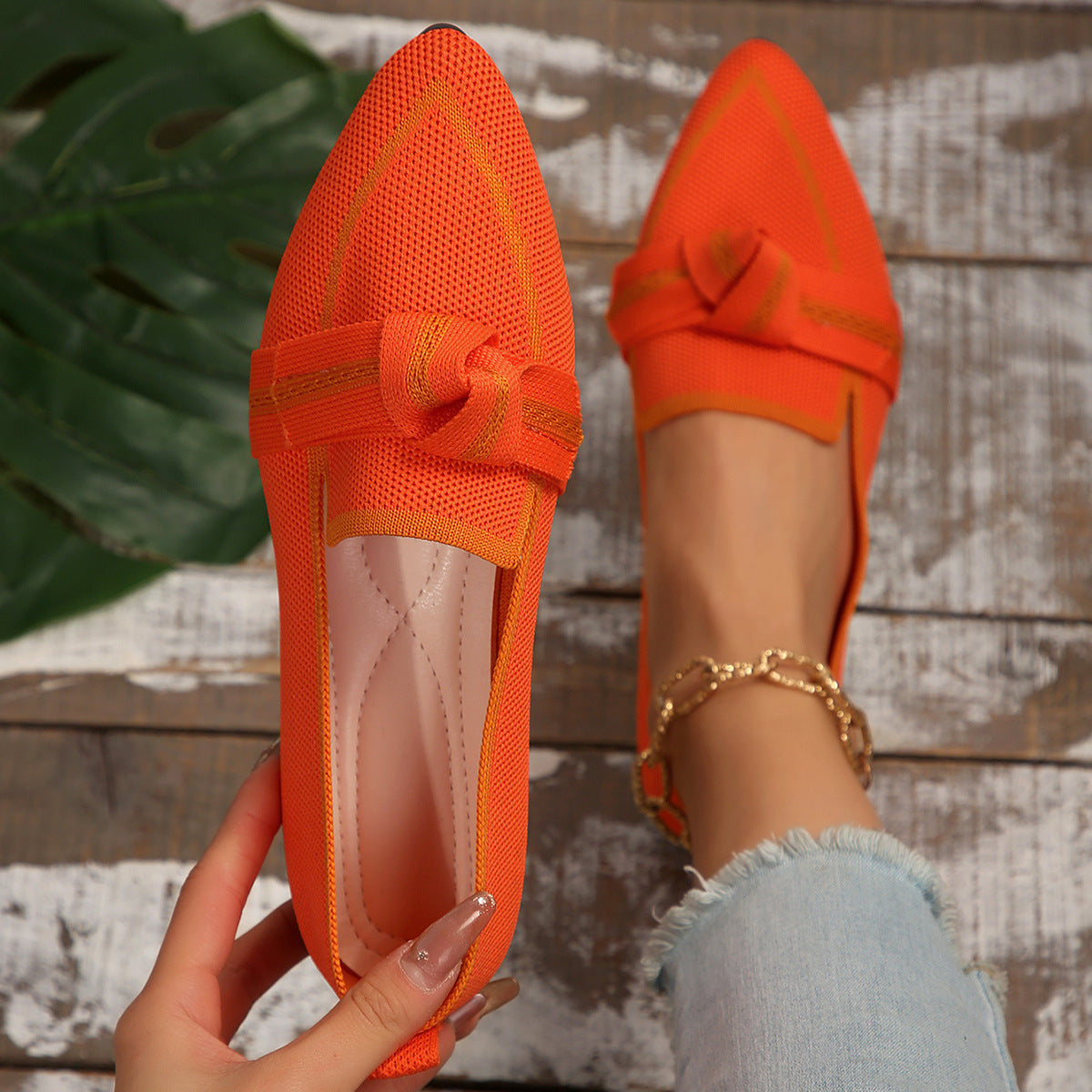Women’s Flat Shoes – Pointed Toe – Soft Knit – Slip-On with Knot Detail – Versatile Fit