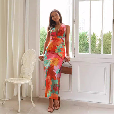 Women’s Midi Dress – Floral Print – V-Neck – Waist Tie – Relaxed Fit – Lightweight Fabric