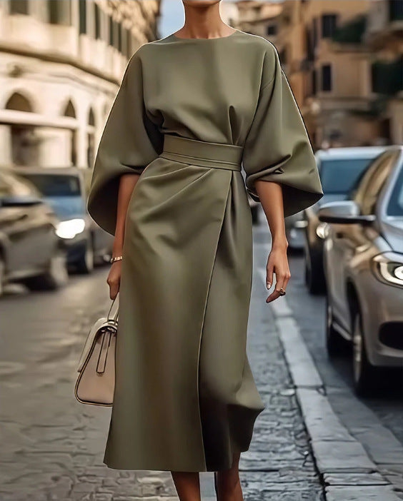 Women’s Long Dress – Satin Feel – Batwing Sleeves – Draped Fit – Waist Belt