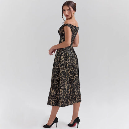 Women’s Off-Shoulder Midi Dress – Lace Overlay – Fitted Waist – Open Back – Floral Detail