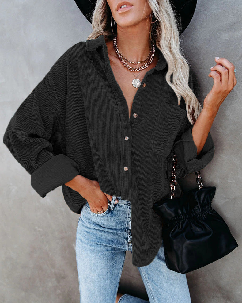 Women’s Corduroy Shirt – Oversized Fit – Long Sleeve – Casual Button-Up Layering Piece
