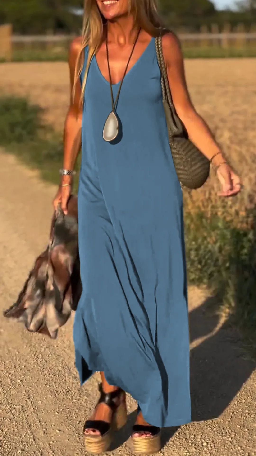 Women’s Maxi Dress – V-Neck – Relaxed Fit – Cotton Blend – Strappy Sleeveless Design