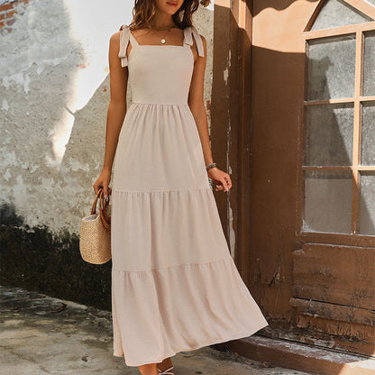 Women’s Maxi Dress – Cotton Blend – Sleeveless Tiered – Relaxed Fit with Tie Straps
