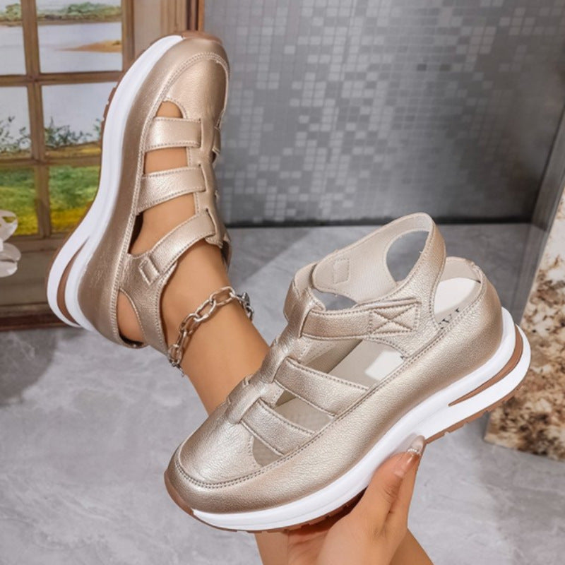 Women’s Wedge Sandals – Faux Leather – Closed Toe – Cut-Out – Velcro Strap – Cushioned Sole