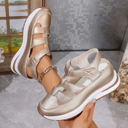 Women’s Wedge Sandals – Faux Leather – Closed Toe – Cut-Out – Velcro Strap – Cushioned Sole