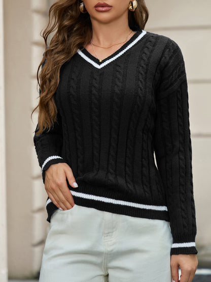 Women’s V-Neck Sweater – Relaxed Fit – Cable Knit – Ribbed Hem – Soft Textured Feel