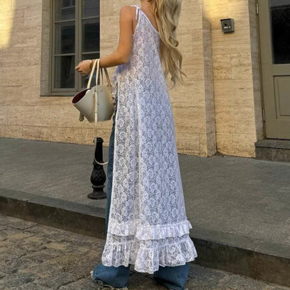 Women’s Lace Dress – A-Line Fit – V-Neck – Tie Shoulder – Side Split – Ruffle Trim