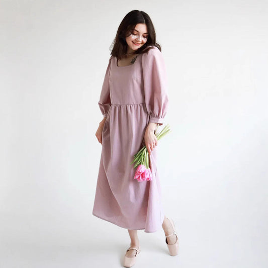 Women’s Long Sleeve Dress – Square Neck – Lightweight Cotton – Loose Fit – Midi Length