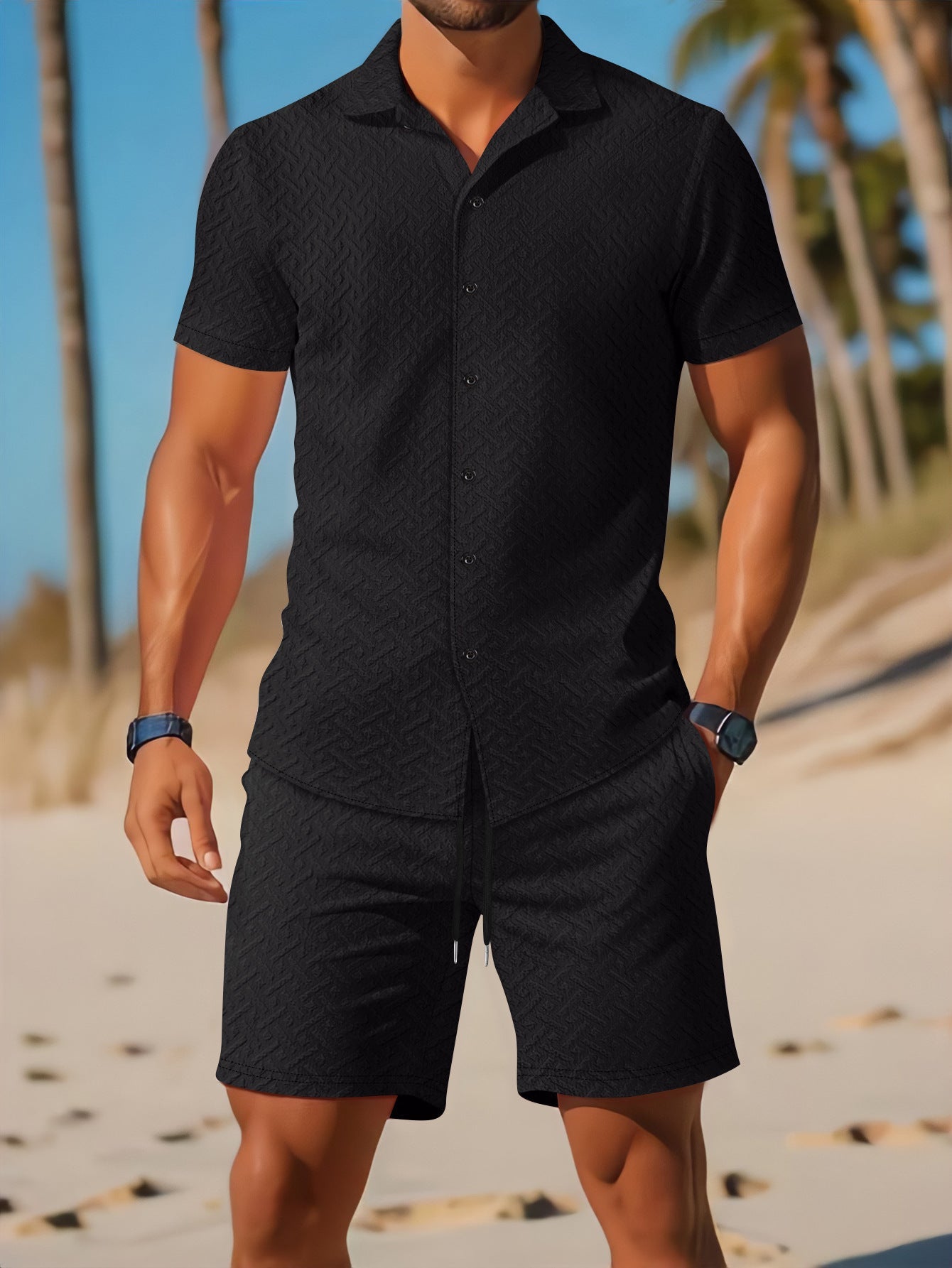Men’s Shirt and Shorts Set – Slim Fit – Embossed Pattern – Breathable Casual Wear