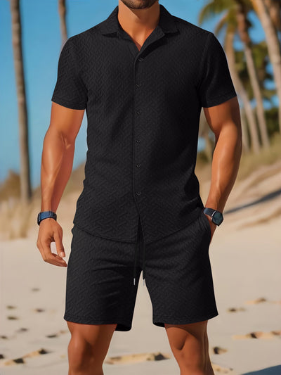 Men’s Shirt and Shorts Set – Slim Fit – Embossed Pattern – Breathable Casual Wear