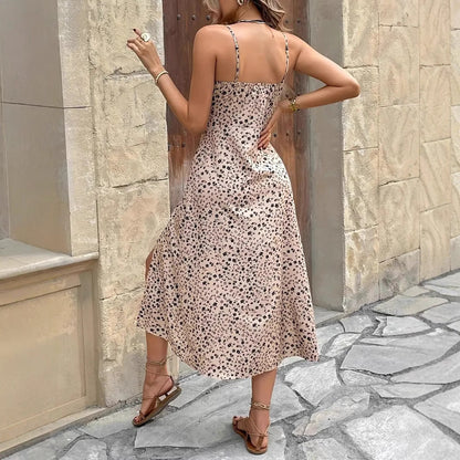 Women’s Midi Dress – Slim Fit – Ruched Bodice – Spaghetti Straps – Floral Print