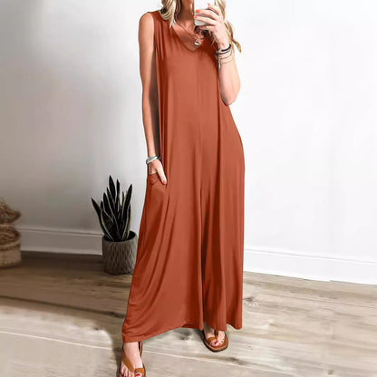 Women’s Maxi Dress – Soft Knit – Relaxed Fit – Sleeveless V-Neck with Pockets