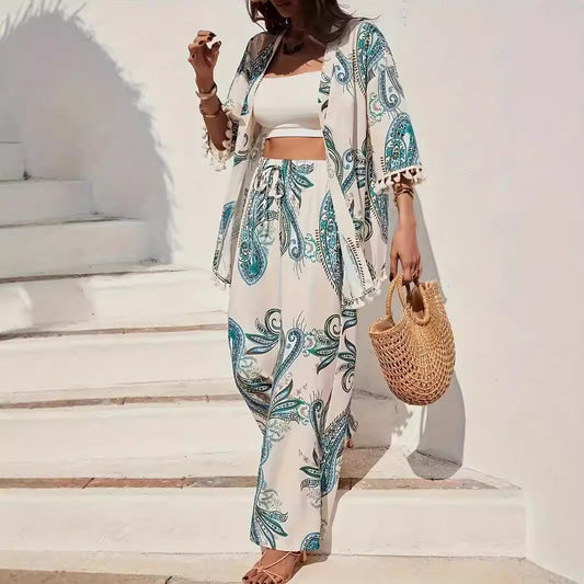 Women’s Kimono Set – Wide Leg Trousers – Tassel Hem – Paisley Print – Relaxed Fit
