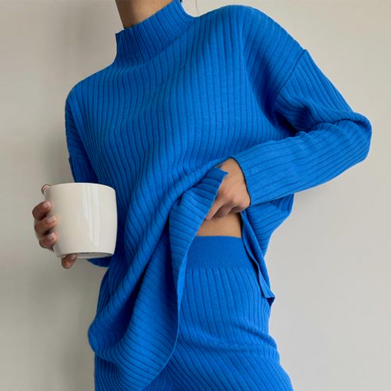 Women’s Knit Set – Ribbed Two-Piece – Relaxed Fit – Semi-High Neck – Full Length