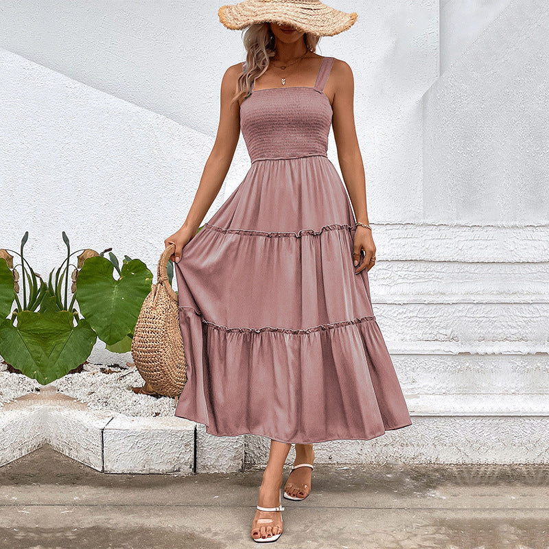 Women’s Sleeveless Midi Dress – Smocked Bodice – Tiered Skirt – Cotton Blend