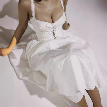Women’s Midi Dress – Off-Shoulder – Fitted Bodice – Flowing Skirt – Lace Detail
