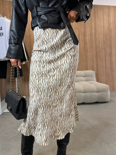 Women’s Midi Skirt – High Waist A-Line – Slim Fit – Animal Print