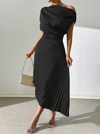 Women’s Midi Dress – One Shoulder – Fitted Draped Bodice – Pleated Asymmetrical Hem
