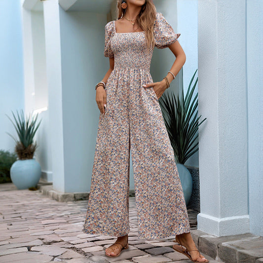 Women’s Jumpsuit – Smocked Bodice – Wide Leg – Puff Sleeve – Floral Print – Square Neck