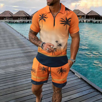 Men’s Shirt and Shorts Set – Slim Fit – Tropical Print – Zip Neck – Cotton Blend