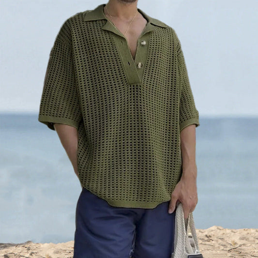 Men’s Knit Sweater – Oversized Fit – Open Knit – Notched Lapel – Short Sleeve Casual