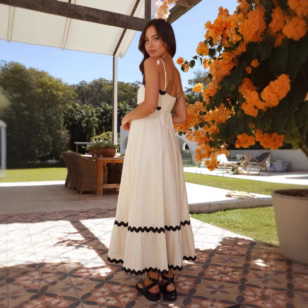 Women’s Maxi Dress – A-Line Fit – Lightweight Cotton – Spaghetti Straps – Boho Trim