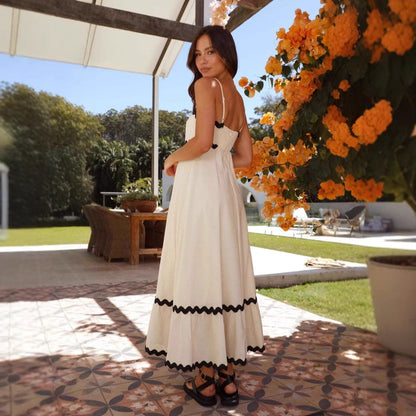 Women’s Maxi Dress – A-Line Fit – Lightweight Cotton – Spaghetti Straps – Boho Trim