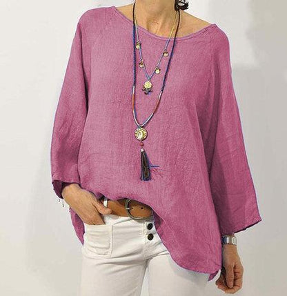 Women’s Cotton Linen Top – Relaxed Fit – 3/4 Raglan Sleeve – Asymmetrical Hem