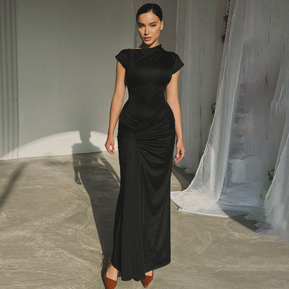 Women’s Full-Length Dress – Draped Waist – Form-Fitting – Short Sleeve Elegant Fit