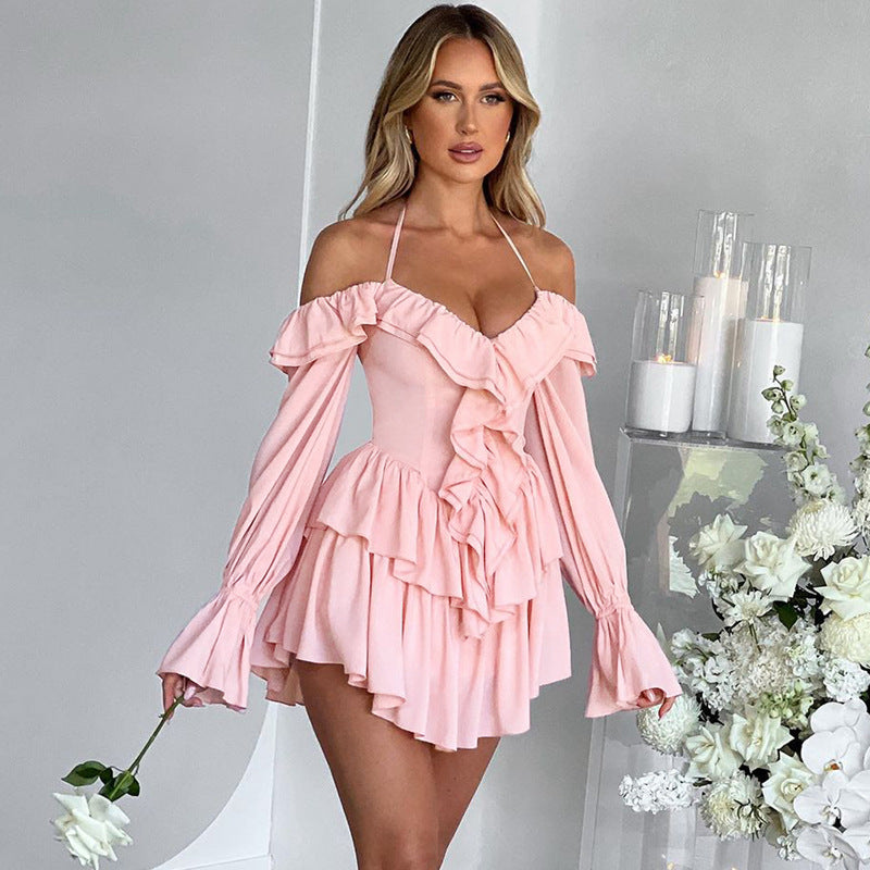 Women’s Romper – Halter Neck – Off Shoulder Long Sleeve – Deep V Ruffle Front – Flowy Shorts