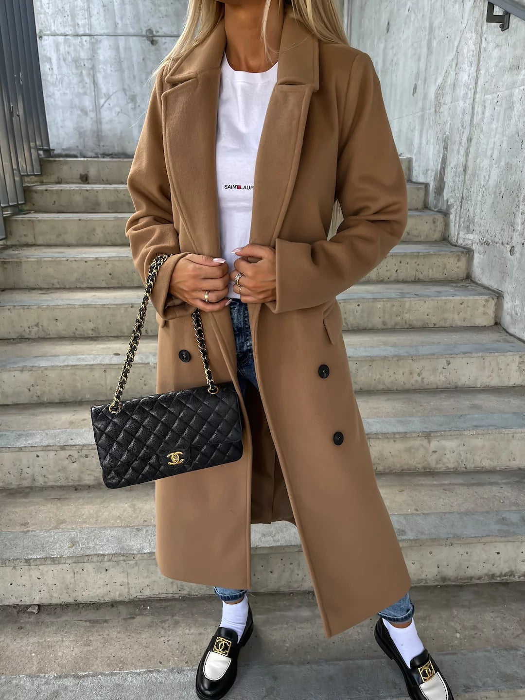 Women’s Wool Coat – Tailored Fit – Belted Waist – Lapel Collar – Full Length – Button Front