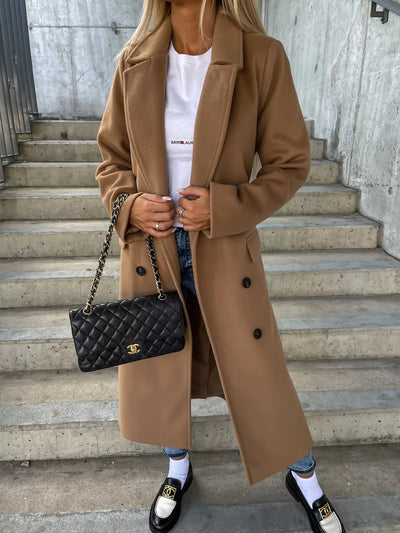 Women’s Wool Coat – Tailored Fit – Belted Waist – Lapel Collar – Full Length – Button Front