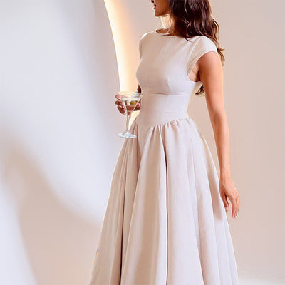 Women’s Sleeveless Midi Dress – Fitted Waist – A-Line Skirt – Back Cut-Out Elegant Style