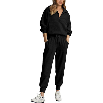Women’s Tracksuit Set – Ribbed Fabric – Relaxed Fit – Half Zip Top – Drawstring Joggers