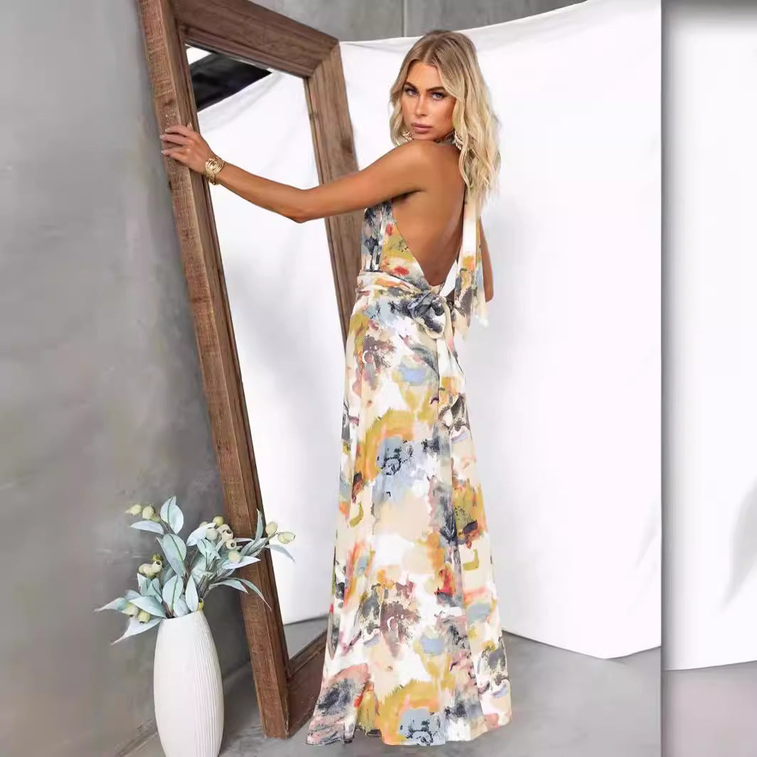 Women’s Maxi Dress – V-Neck – Tie Back – Bold Print – Lightweight A-Line Fit