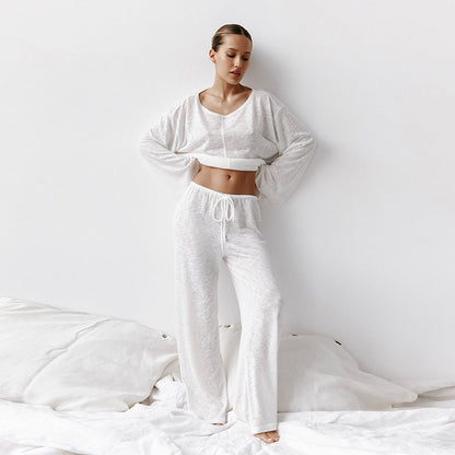 Women’s Loungewear Set – Cotton Blend – Relaxed Fit – Long Sleeve – Crew Neck – Full Length