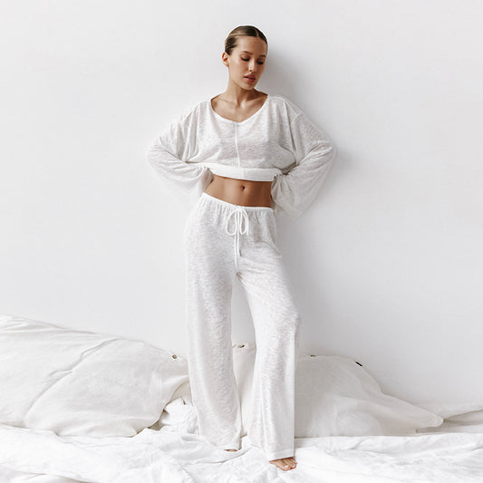 Women’s Loungewear Set – Cotton Blend – Relaxed Fit – Long Sleeve – Crew Neck – Full Length