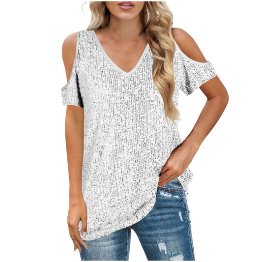 Women’s V-Neck Top – Sequin Front – Cold Shoulder – Relaxed Fit – Short Sleeve