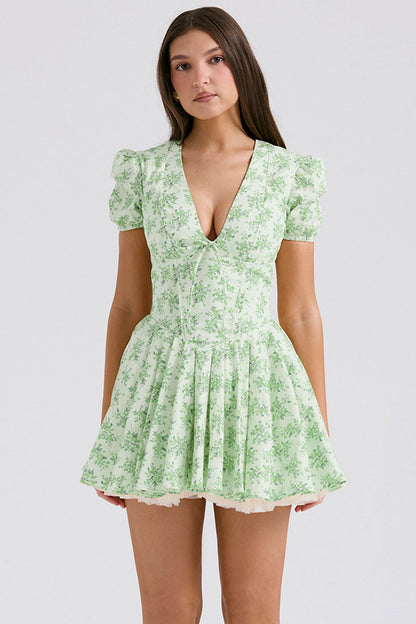 Women’s Mini Dress – Fit and Flare – Puff Sleeve – V-Neck – Floral Cotton Blend