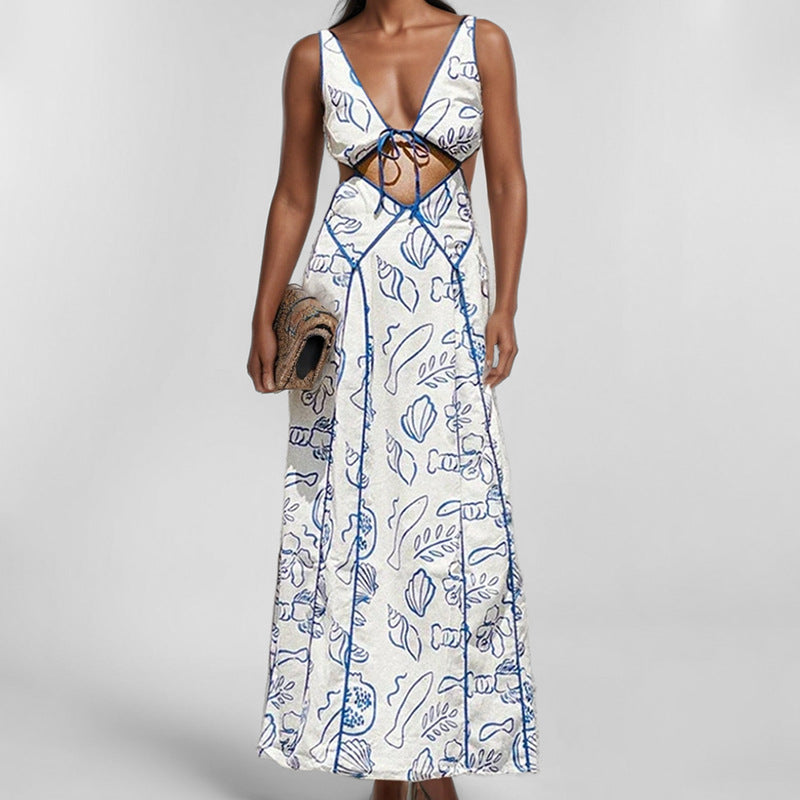Women’s Maxi Dress – Lightweight Cotton Feel – V-Neck Cut-Out – Abstract Print – Spaghetti Straps