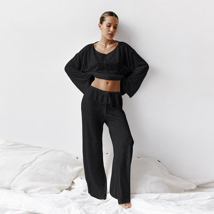 Women’s Loungewear Set – Cotton Blend – Relaxed Fit – Long Sleeve – Crew Neck – Full Length