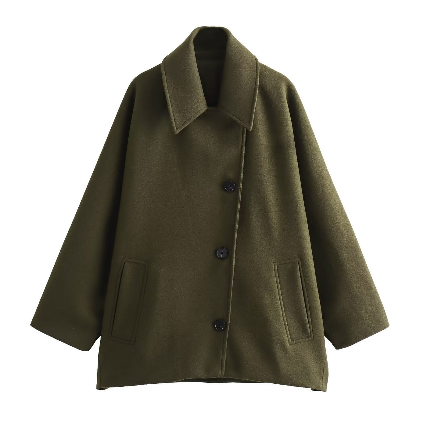 Women’s Wool Jacket – Oversized Fit – Button Front – Wide Collar – Hip Length Casual